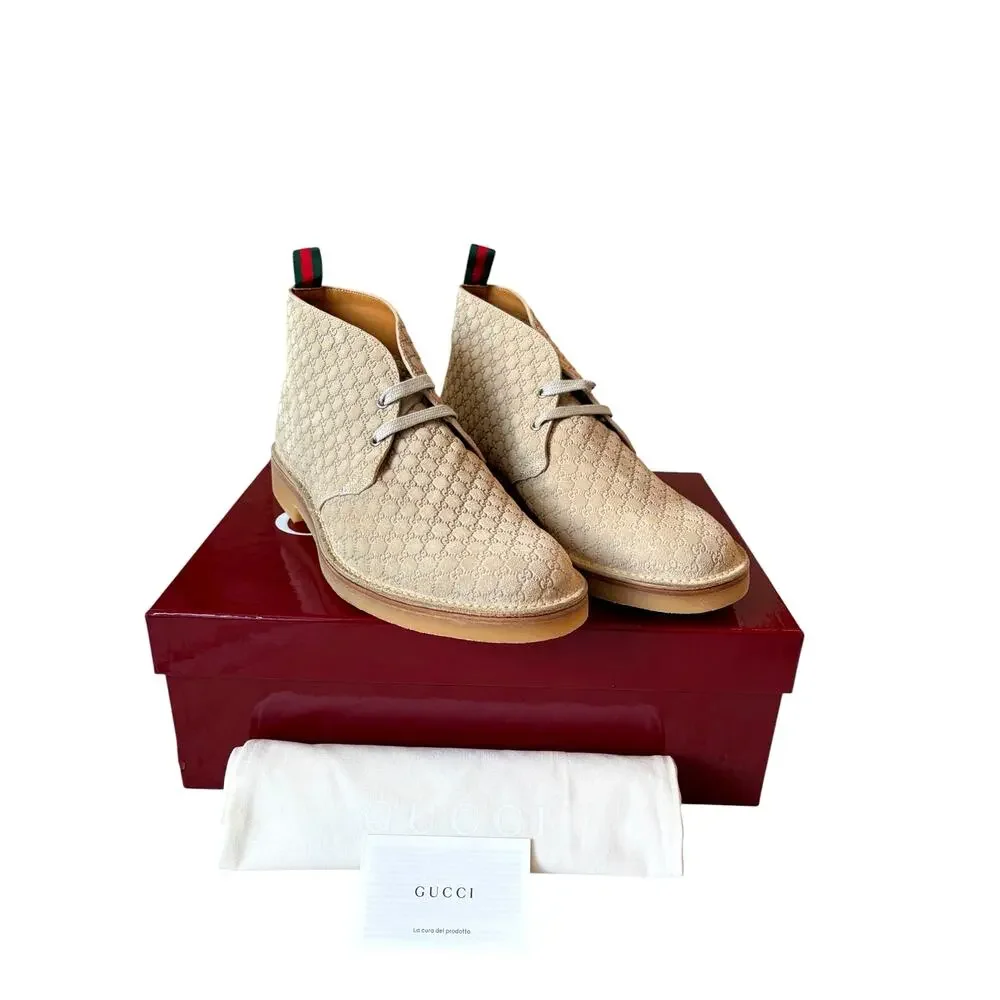 Authentic Gucci GG Monogram Beige Suede Ankle Boots 831283 Men's 11 US 11.5 NEW